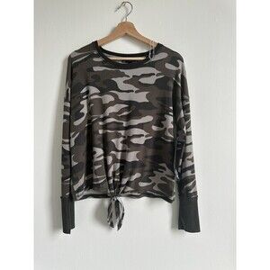 Derek Heart Tie Front Soft Stretchy Sweatshirt Top In Black Olive Camo Size M